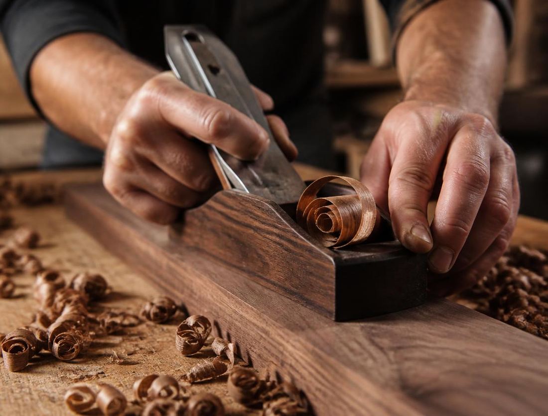 Craftsman hand-planing a walnut board, wood shavings curling from the plane
