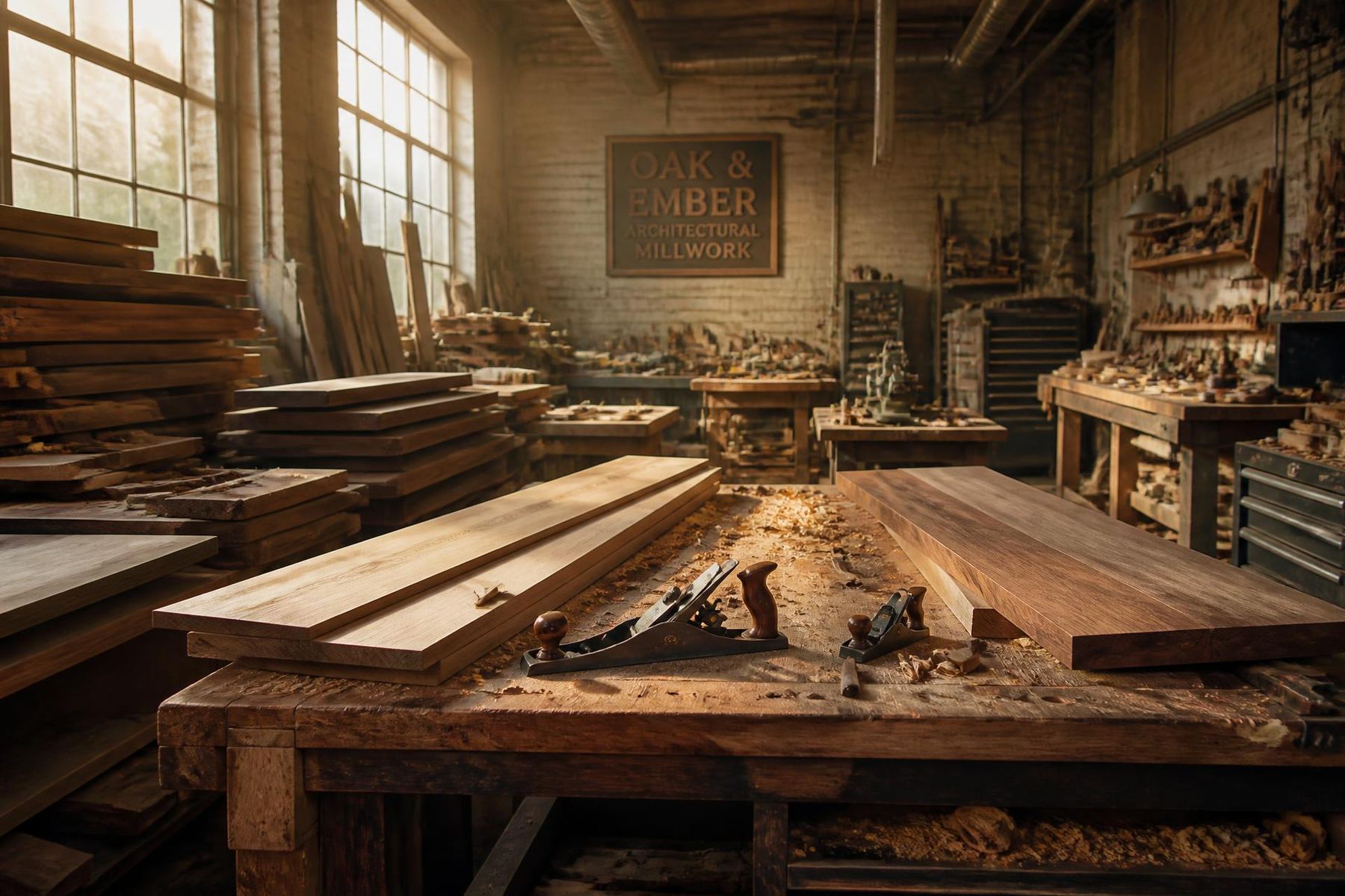 Interior of the Oak & Ember woodworking shop in Detroit with stacked hardwood and hand planes on a workbench
