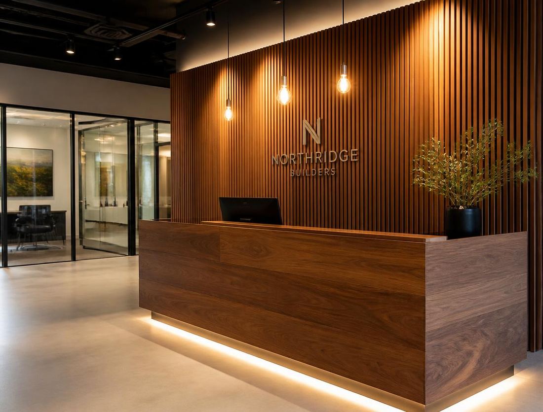 Walnut reception & slat wall